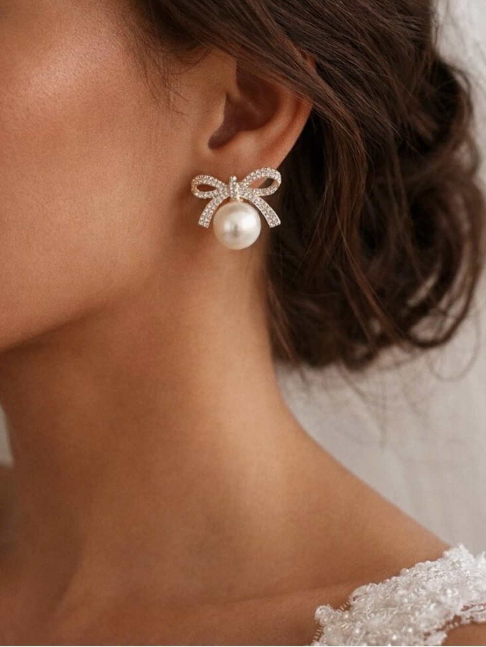 Gold Bow Earrings Classic Faux Pearl Formal Prom Cocktail Wedding Bridal Jewelry